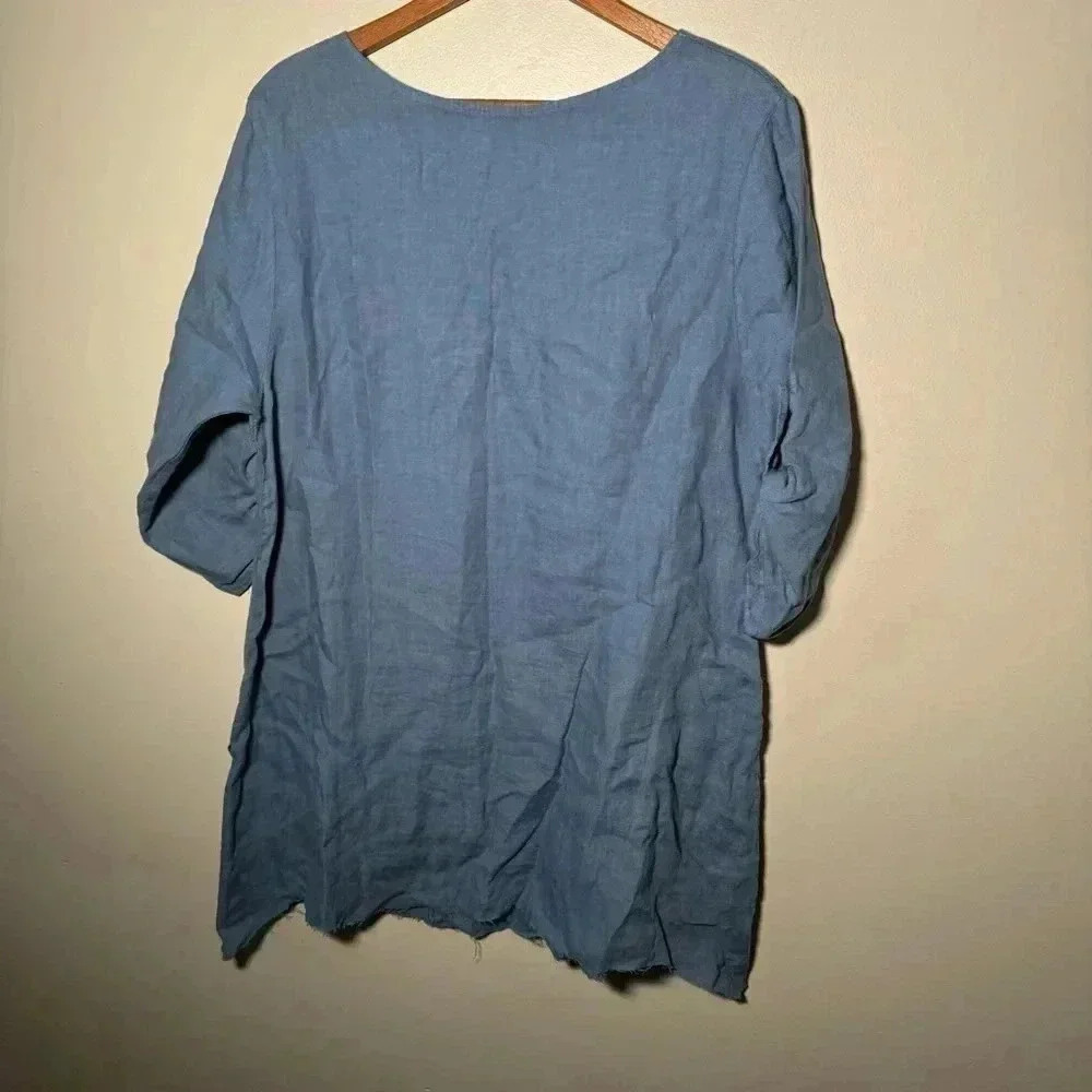 Italian linen boho artsy ocean blue boho dress with wooden buttons S - Picture 4 of 6
